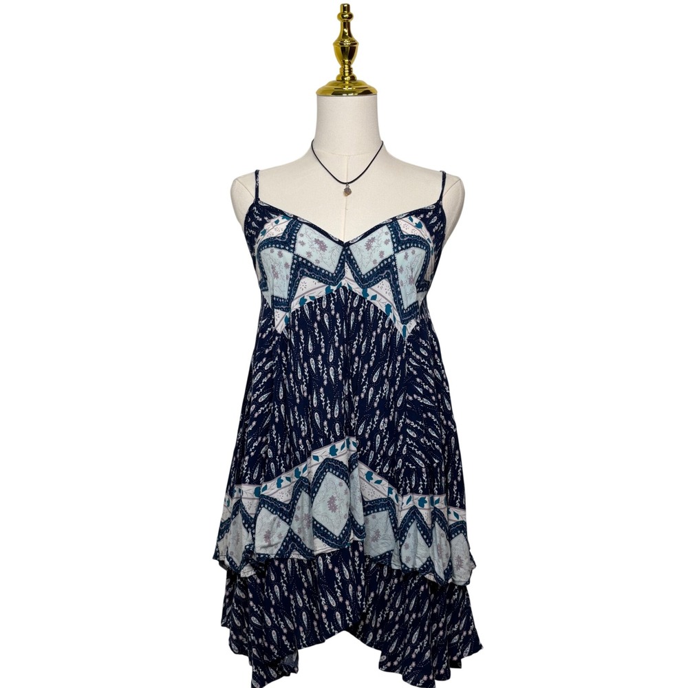 easel boho blue white flowy babydoll mini dress beach indie y2k indie granola